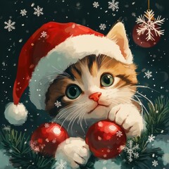 Playful Kitten in Santa Hat with Christmas Ornaments
