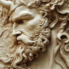 3D bas-relief of the god of war in vanilla and beige tones. Resource, sketch for creativity, template, fantasy print, Creative interior decor, character from Greek mythology, decor of an exhibition pa