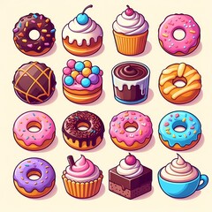 a drawing of a variety of donuts with different colors and shapes.


