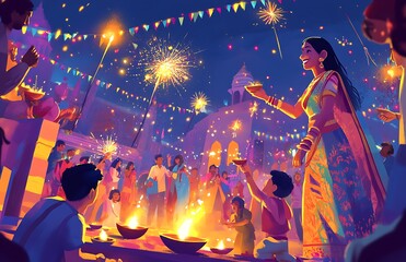 A vibrant and colorful illustration of people celebrating Diwali