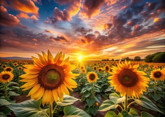 Fototapeta premium Beneath a stunning sunset, a vast field of sunflowers blooms gloriously, creating a mesmerizing scene that captures the essence of nature's breathtaking beauty.