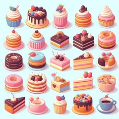 a cartoon illustration of a cake with a lot of different cakes.