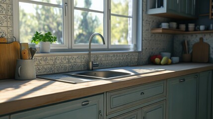 A well-appointed kitchen interior features a stylish cabinet and a spacious sink with a large window.