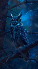 Great Horned Owl in blue moon night AI Generated Image