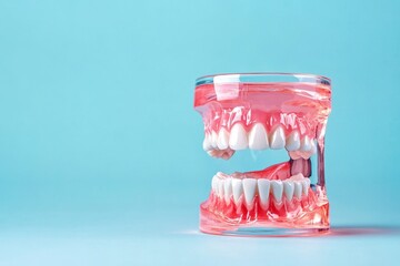Dental model showing realistic teeth in a clear container, blue background.