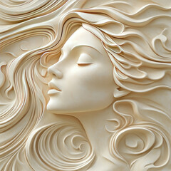 3D bas-relief of the goddess of love in vanilla and beige tones. Template for a romantic card, invitation, fantasy print. Creative interior decor, decor of exhibition pavilion, gallery. Illustration, 