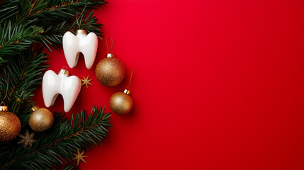 Obraz premium Festive Dental Care Concept with Christmas Tree Branches and Tooth-Shaped Ornaments on a Vibrant Red Background with Copy Space