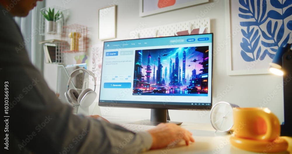Fototapete young man types prompt in ai image generator on computer. pc screen shows artificial intelligence ge