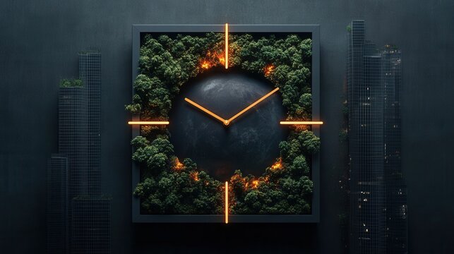 Conceptual wall clock merging urban structures with forest and flames - Powered by Adobe