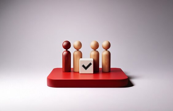 A red platform holds wooden figures. One figure is different.