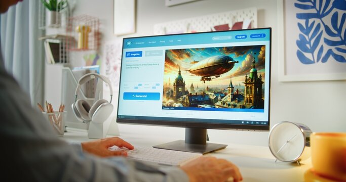 Young man types text prompt in artificial intelligence app on computer. AI image generator creates detailed photo of steampunk airship. Advanced AI generated image creation. Futuristic generative art.