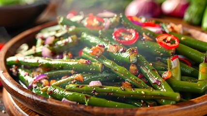Steaming green beans with red pepper and onions in a wooden bowl