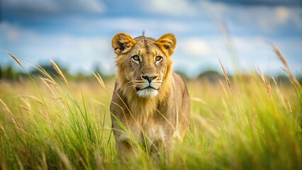Fototapeta premium Lion hunting for prey in savanna grass