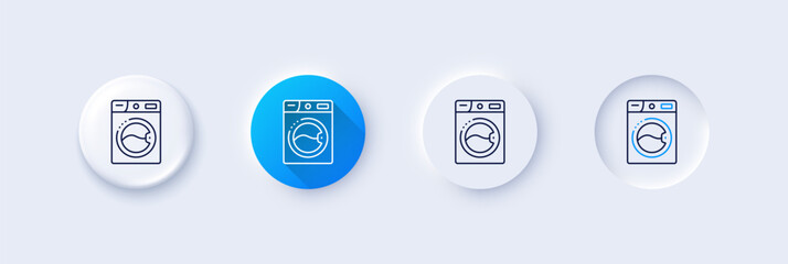 Washing machine line icon. Neumorphic, Blue gradient, 3d pin buttons. Laundry service sign. Clothing cleaner symbol. Line icons. Neumorphic buttons with outline signs. Vector