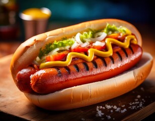 A classic street hot dog with a grilled sausage, mustard, ketchup, and relish, served on a soft bun. Generative AI