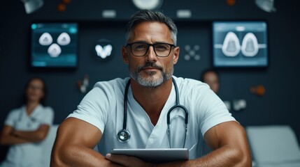 Fototapeta premium Confident doctor with tablet in modern hospital setting