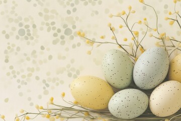 Fototapeta premium Easter illustration with painted eggs and bunnies. Spring Easter holiday. Eggs with Stunningly Detailed Floral Patterns. 