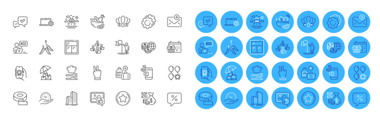 Fototapeta premium Food, Balloon dart and Approve line icons pack. Settings gears, Adhesive tape, World money web icon. Notebook service, Maggots, Window pictogram. Teamwork, Ship travel, Online auction. Vector