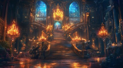 Naklejka premium Elaborate fantasy palace with grand staircases, glowing chandeliers, and mythical creatures guarding the entrance