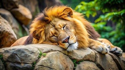 Naklejka premium Lion sleeping on rock in zoo, high angle view