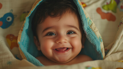 Portrait of a cute Indian little 6 months old boy, covered with a soft blanket and smiling