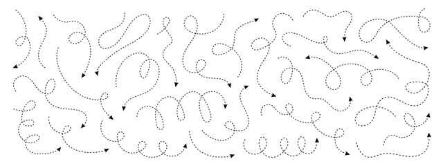 Collection of squiggle dash line arrows. Dashed hand drawn curved vector arrows icons