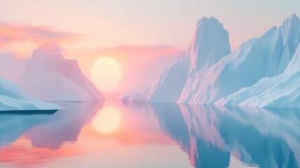Futuristic 3D landscape with dramatic cliffs and serene water, highlighted by a minimal abstract background and soft sunset or sunrise light