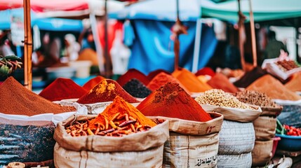 Obraz premium Red and Orange Spices in Burlap Sacks at an Open-Air Market
