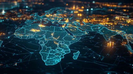 A digital map of the African continent, outlined in blue, with glowing lights representing cities and towns