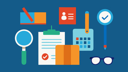 Fototapeta premium Voter Assistance Toolkit A simple vector depicting an assistance toolkit on a table containing items such as magnifying glasses braille guides and audio instructions available for