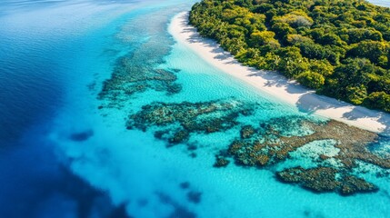 Stunning aerial view of a tropical island with vibrant coral reefs and turquoise waters