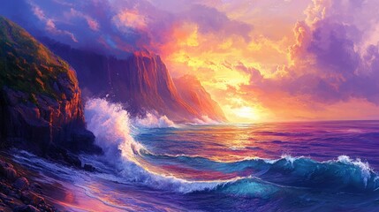 Stunning coastal cliffs with dramatic waves crashing below and vibrant sunset colors