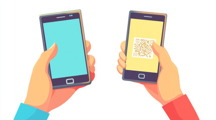 This vector illustration depicts a cartoon-style scene of hands holding a smartphone, designed to showcase the process of scanning a QR code.