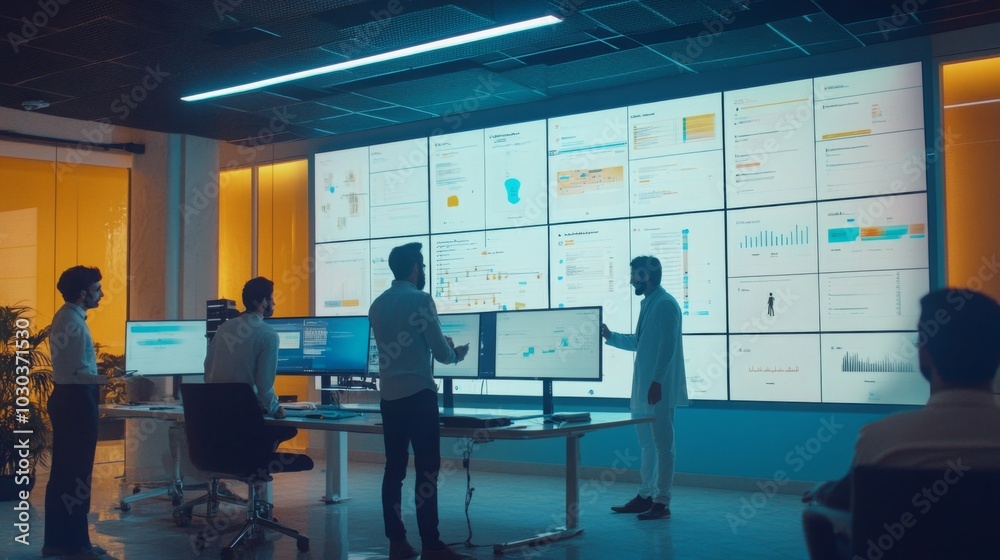 Poster Five men are in an office with a large screen showing data visualizations. They are all wearing business casual attire and are looking at the screen