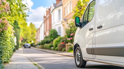 Electric Delivery Van Arriving at Residential Home with Eco-Friendly Zero Emissions