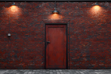 Charming Red Brick Wall Featuring a Wooden Door and Ambient Overhead Lighting, Ideal for Backgrounds, Architectural Visuals, and Urban Aesthetic Design Projects