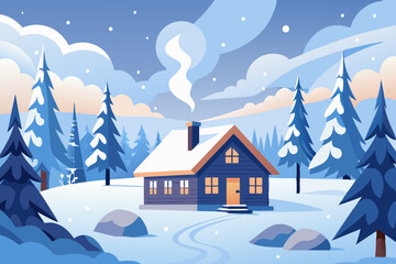 Minimalist Winter Cabin Scene with Snowflakes on White Background