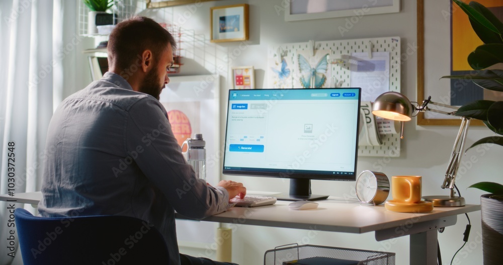 Fototapete back view of man entering prompt in ai image generator on computer. pc screen shows artificial intel