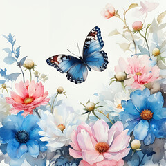 illustration Watercolor painting featuring blue, pink, and white flowers with a butterfly in the center