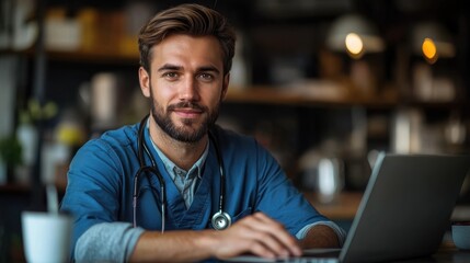 Fototapeta premium A young male doctor sits at a table in a cafe with a laptop, looking at the camera with a smile. He is wearing a blue scrub top and a stethoscope.