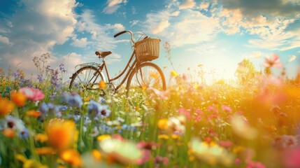 Naklejka premium Bicycle with a basket full of flowers in a flower meadow on a sunny day, summer landscape. Beautiful natural background. Sunny spring scene in the style of nature