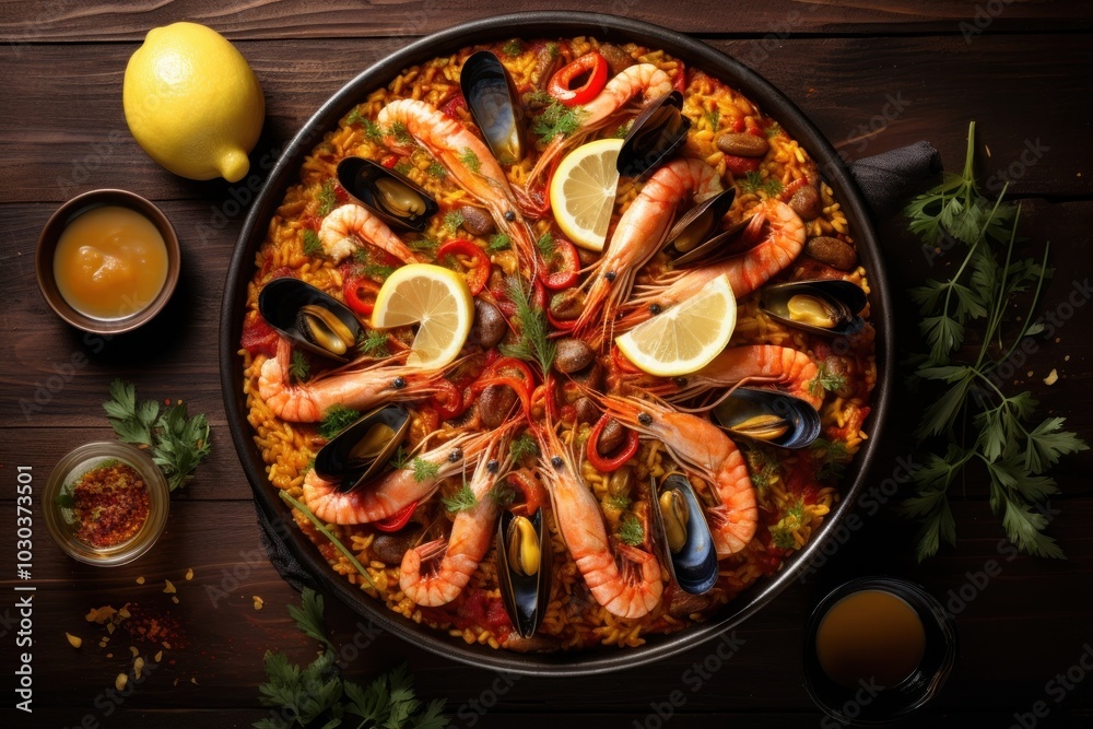 Wall mural Spanish Cuisine seafood paella pizza.