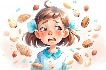 Worried Girl Surrounded by Allergen Nuts with Warning Sign in Illustrated Style