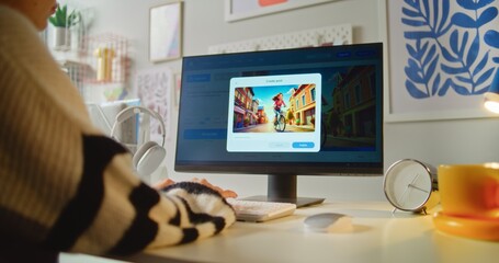 Close up of girl typing text prompt in AI image generator on computer. PC screen shows AI generated...