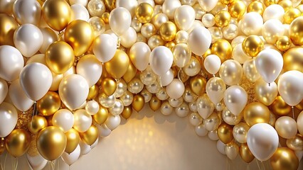 Wide-angle luxurious golden and white balloon decoration for special occasions