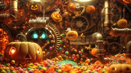 Fototapeta premium A fantastical scene with a whimsical character whose glowing eyes illuminate a swirl of colorful Halloween candies. 