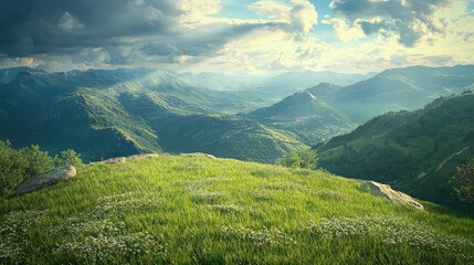 Fototapeta premium Captivating View from Grassy Hilltop Overlooking Landscape
