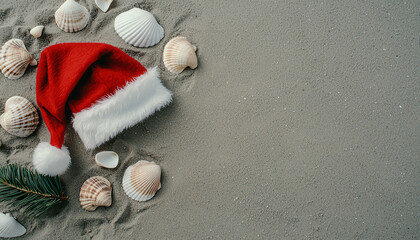 Santa hat on beach sand surrounded by seashells and greenery.