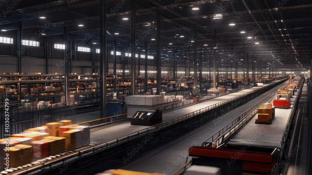 Leinwandbilder a busy warehouse shows a conveyor system efficiently moving packages along its length. the well-orga