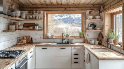 Fototapeta premium Cozy Rustic Kitchen with Wooden Accents and Mountain View Through Window